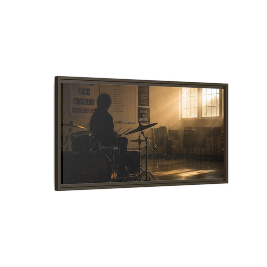 Main Mockup. Golden Hour Drum Practice shown as framed canvas print