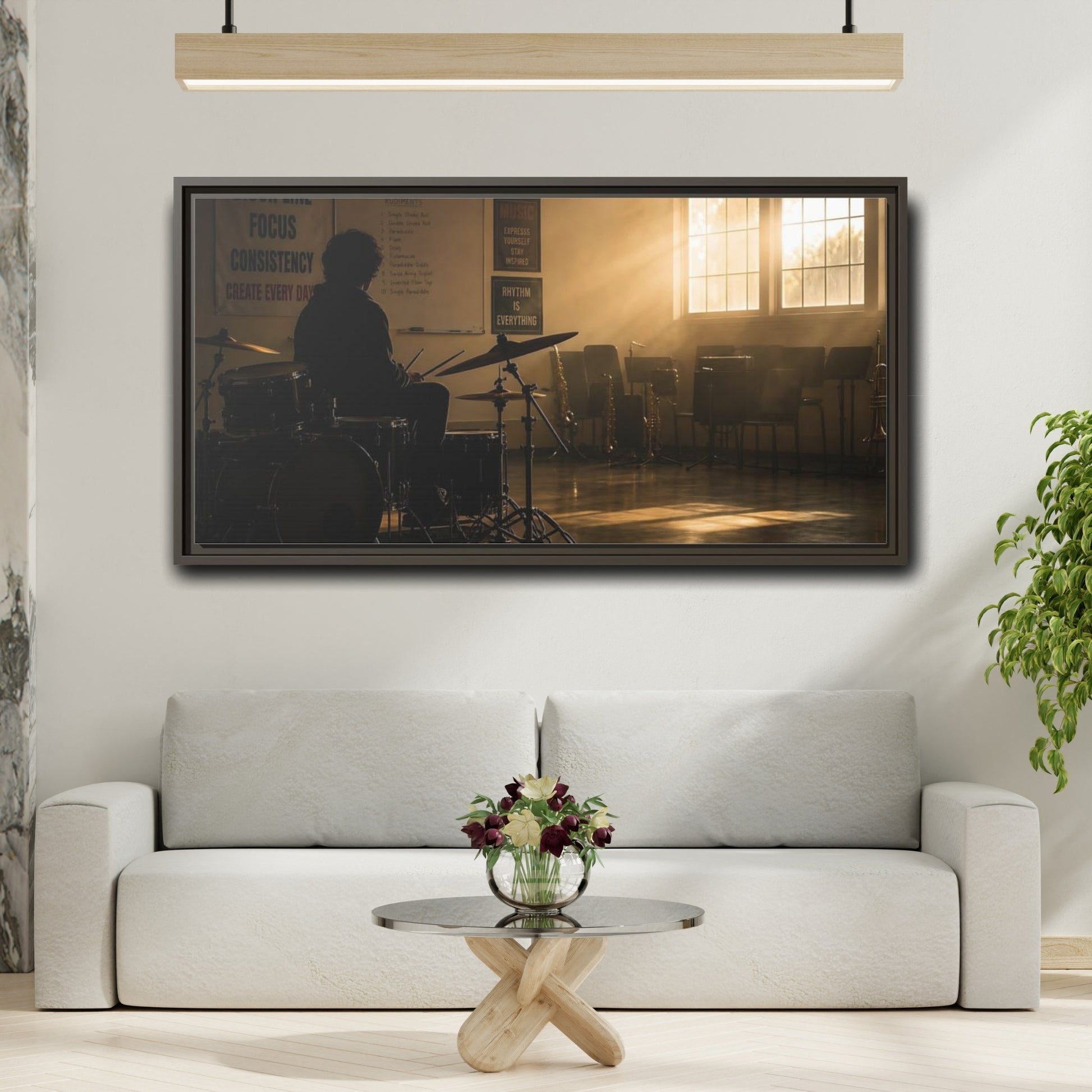 Mockup 2. Golden Hour Drum Practice shown as framed canvas print