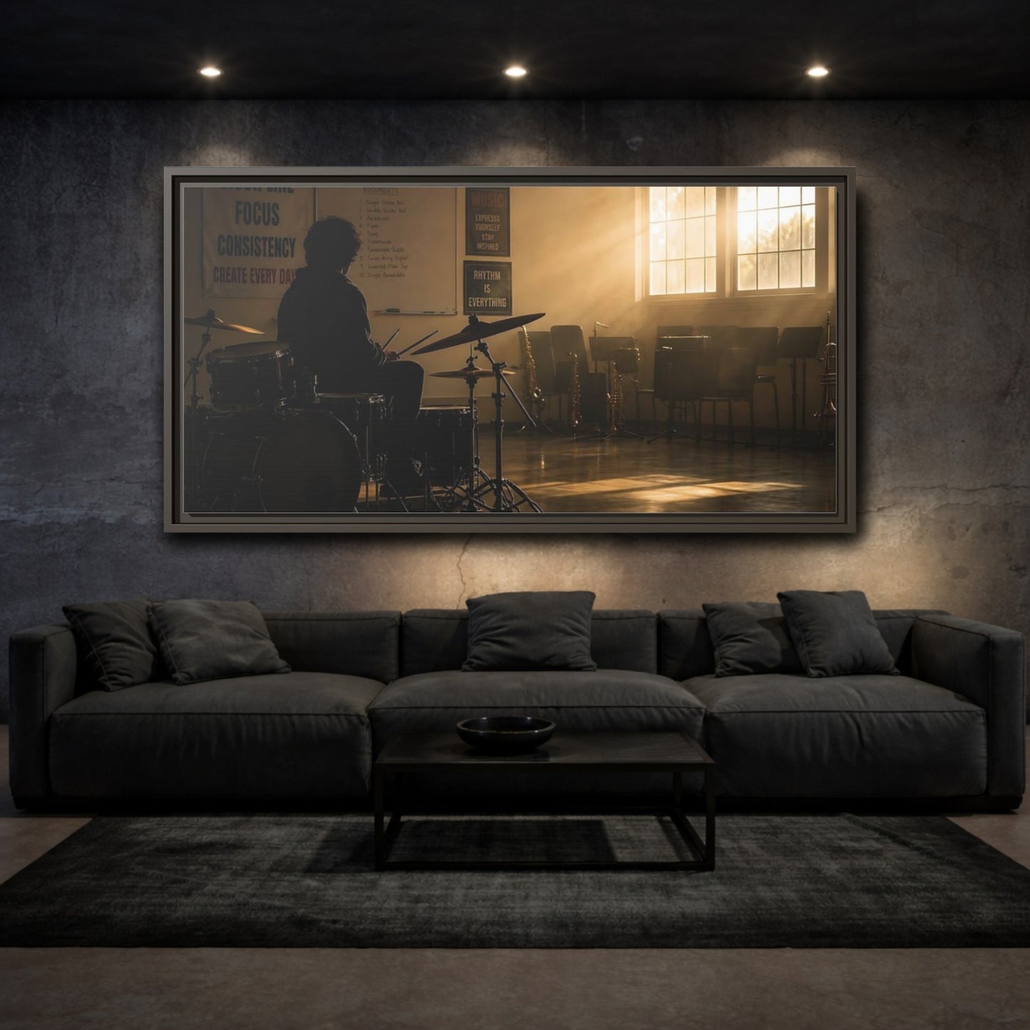 Mockup 3. Golden Hour Drum Practice shown as framed canvas print