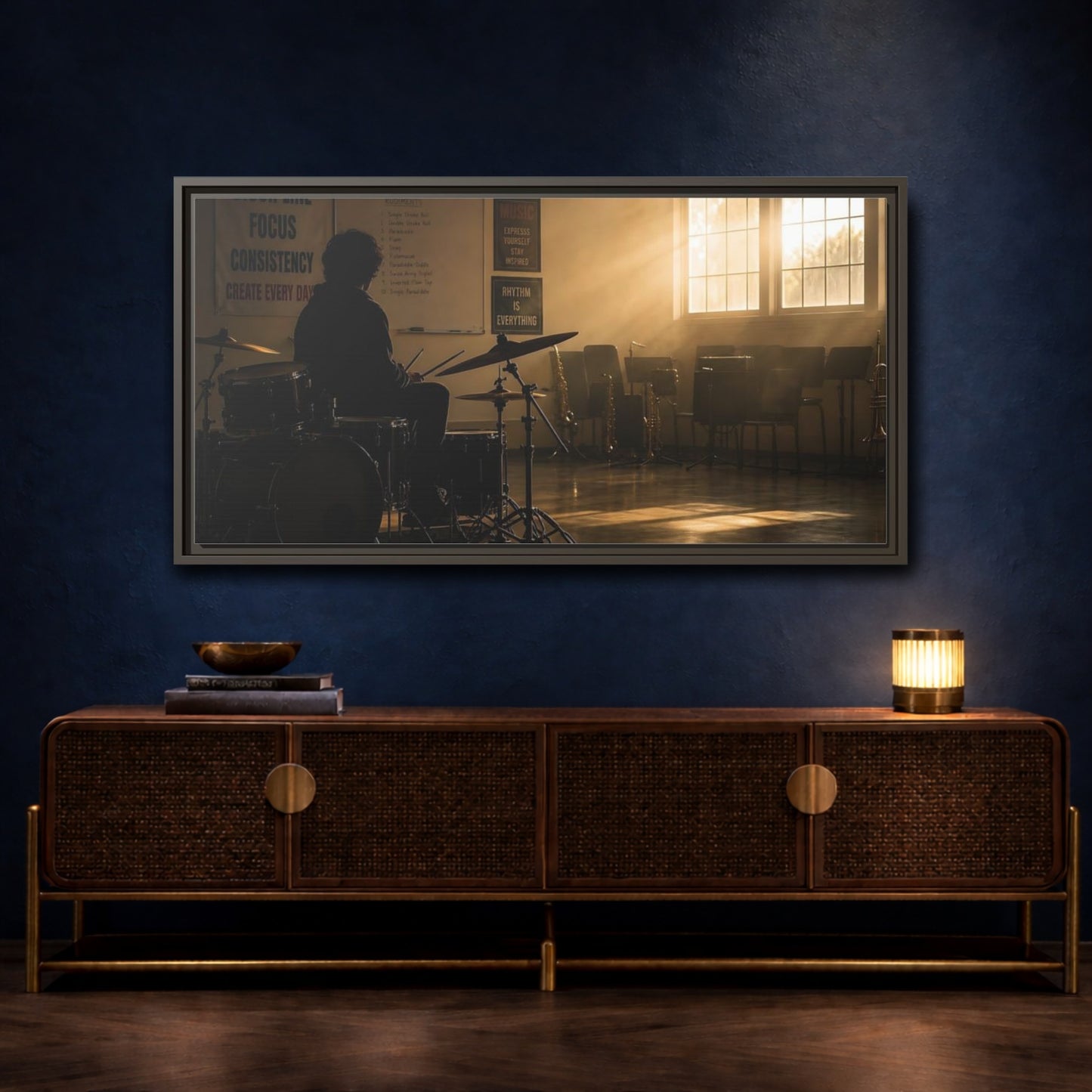 Mockup 4. Golden Hour Drum Practice shown as framed canvas print
