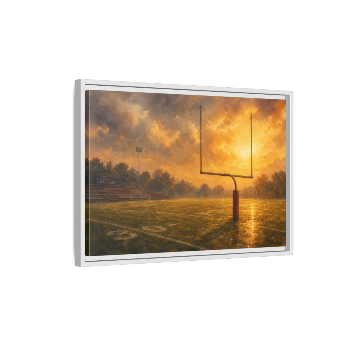 Side Mockup 1. Golden Hour Goalpost shown as framed canvas print