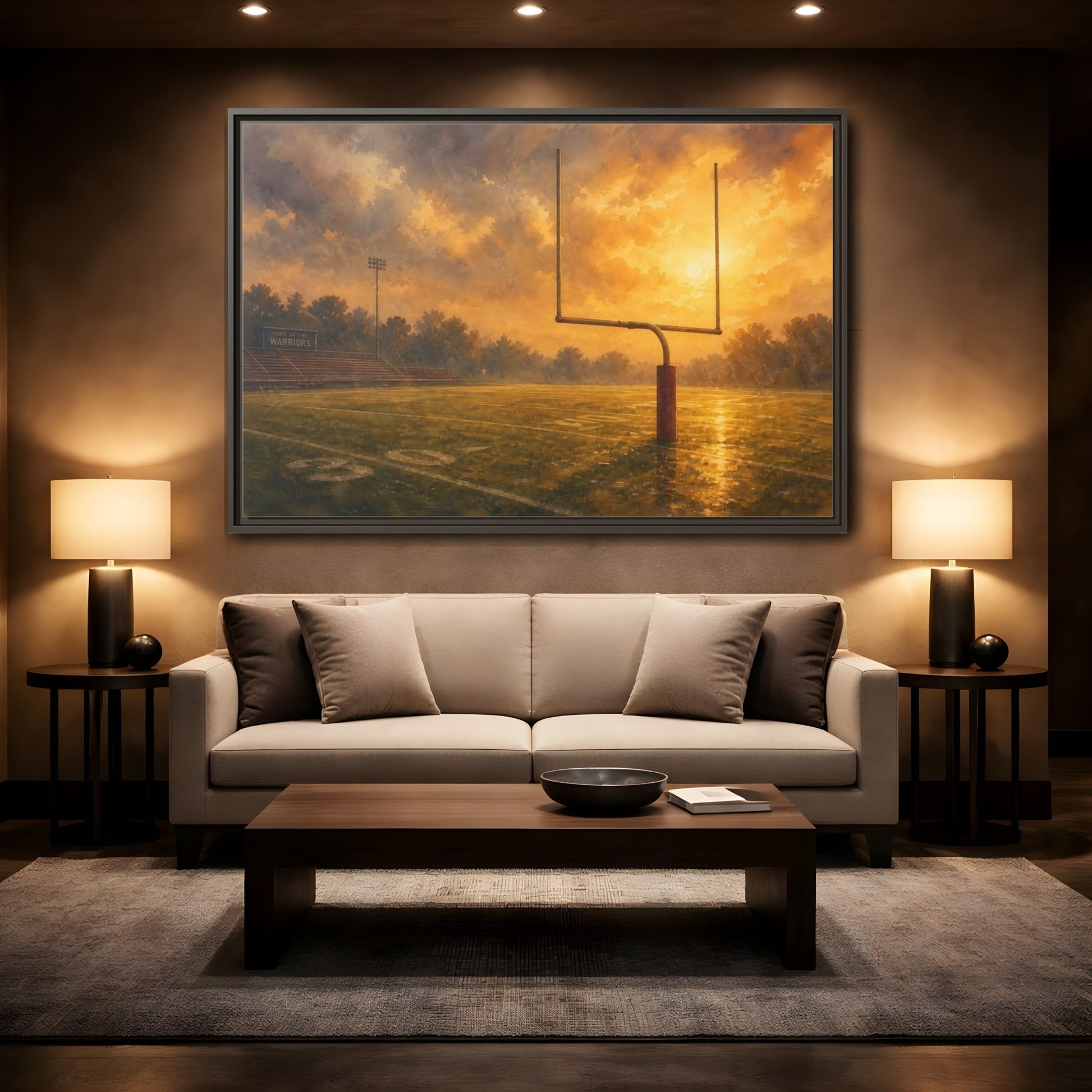 Mockup 2. Golden Hour Goalpost shown as framed canvas print