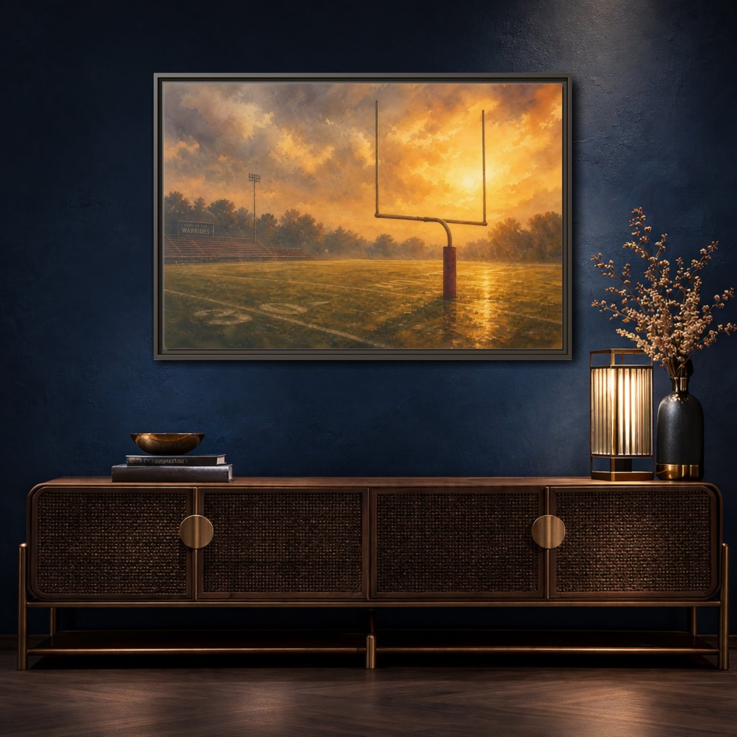 Mockup 4. Golden Hour Goalpost shown as framed canvas print