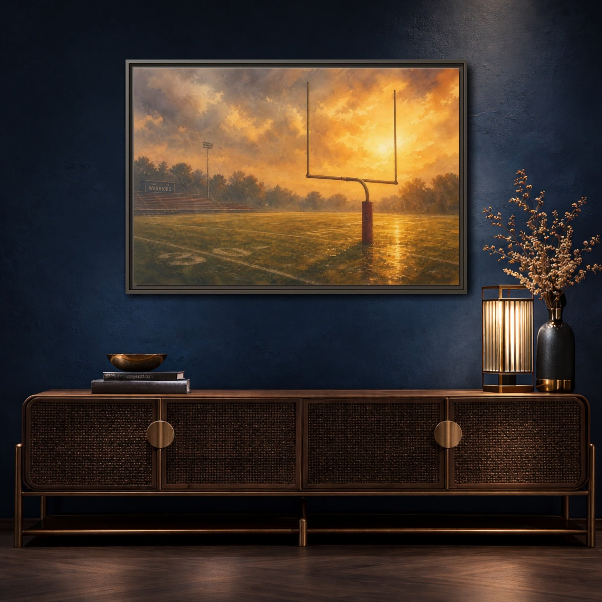 Mockup 4. Golden Hour Goalpost shown as framed canvas print