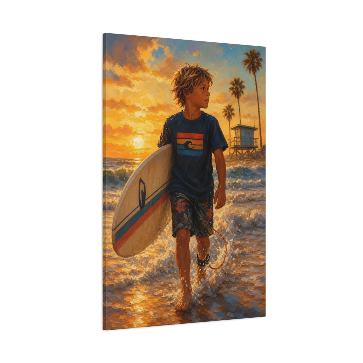 Side Mockup 1. Golden Hour Surfer shown as canvas print