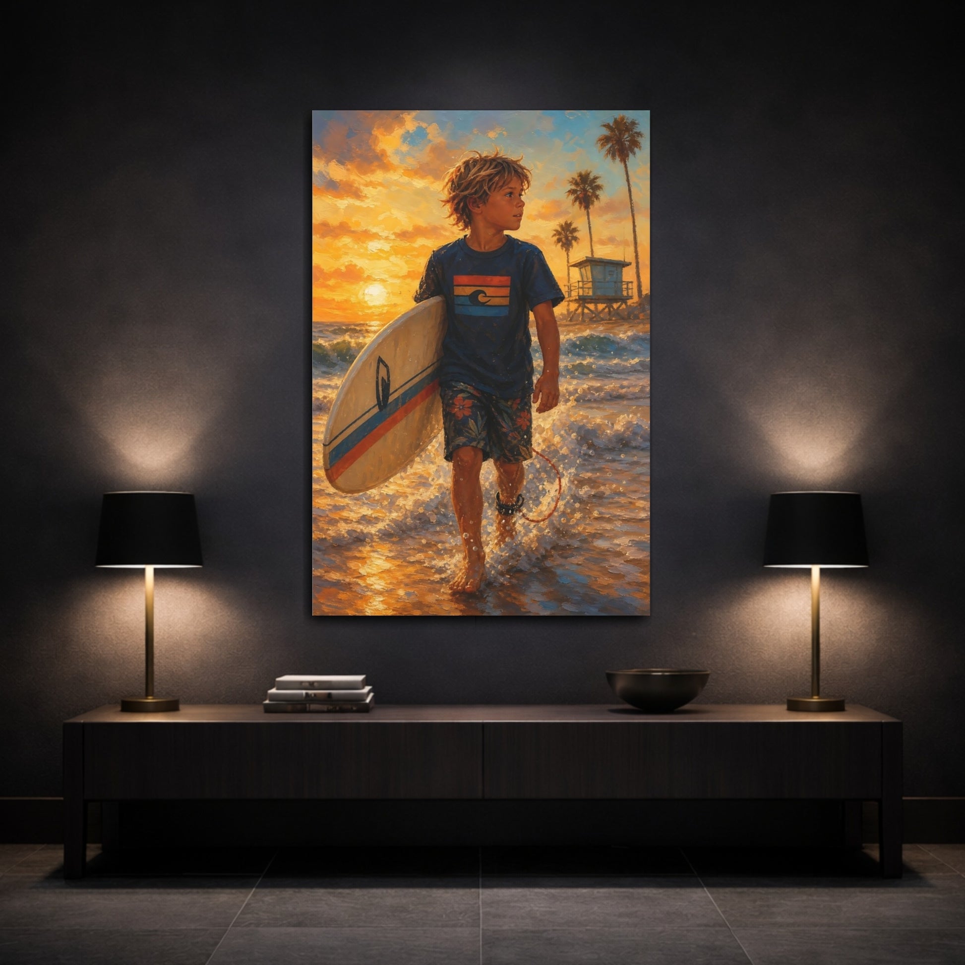 Mockup 3. Golden Hour Surfer shown as canvas print