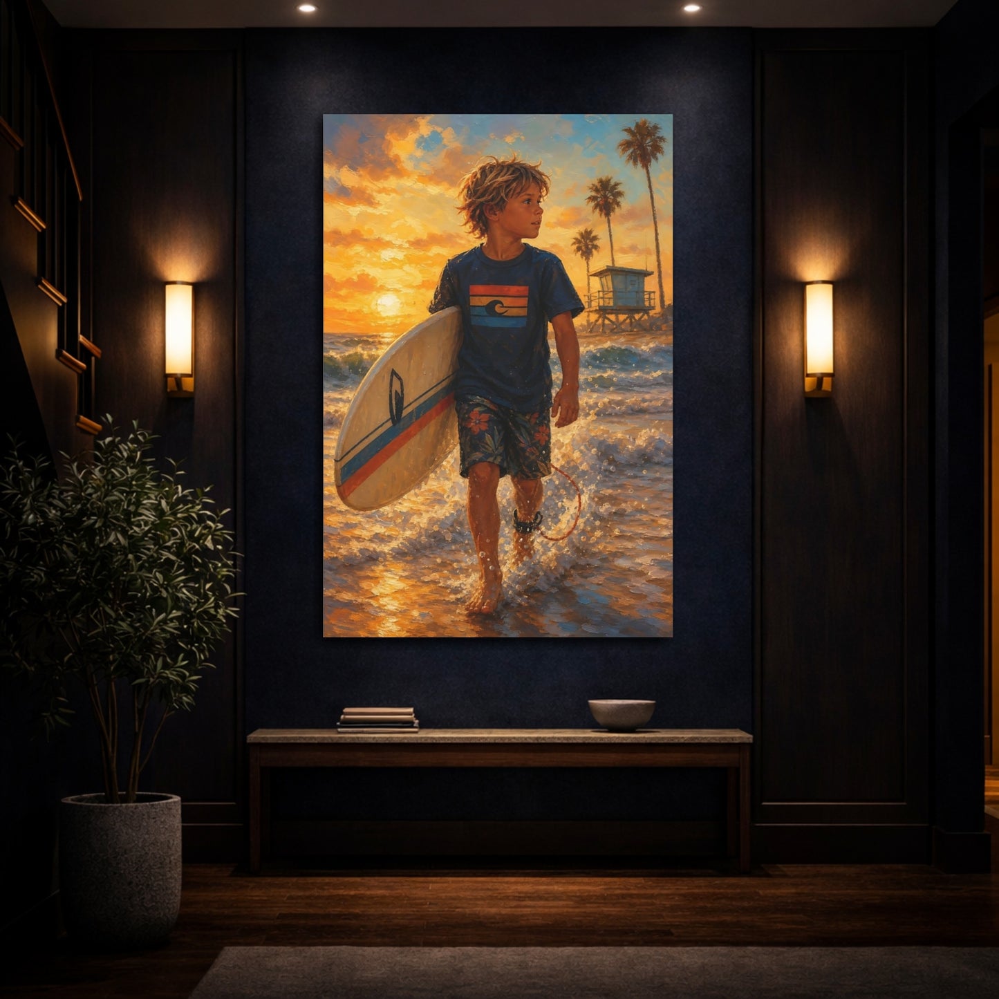 Mockup 4. Golden Hour Surfer shown as canvas print