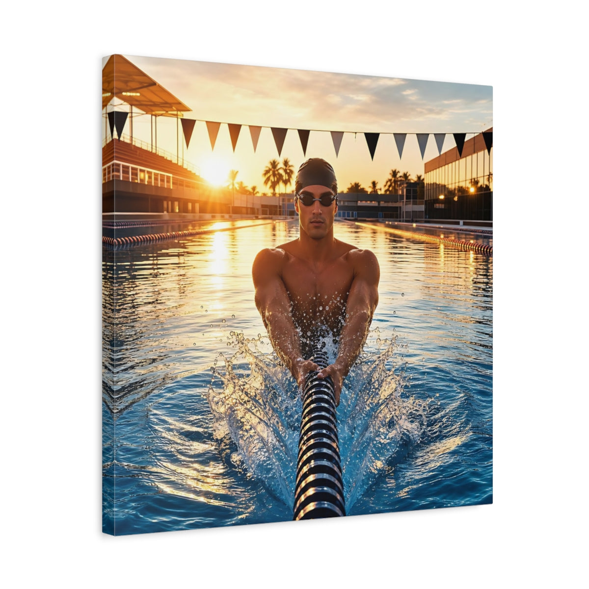 Side Mockup 5. Golden Hour Swim shown as canvas print