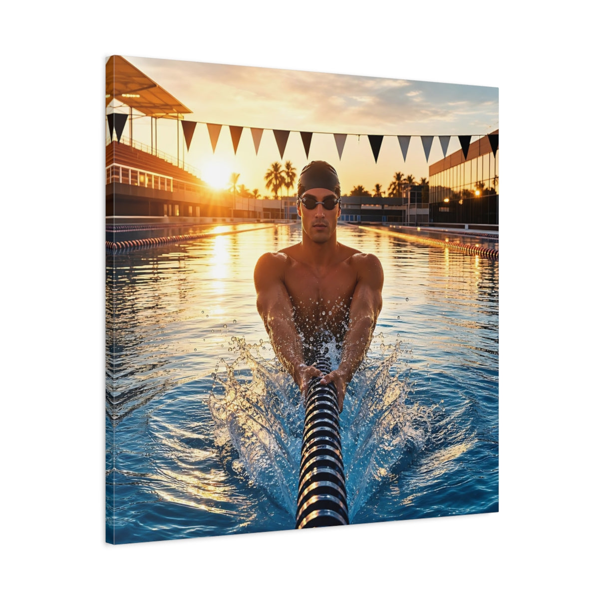 Side Mockup 3. Golden Hour Swim shown as canvas print