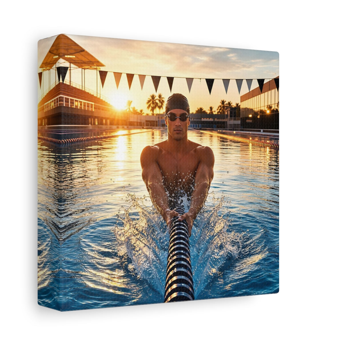 Side Mockup 2. Golden Hour Swim shown as canvas print