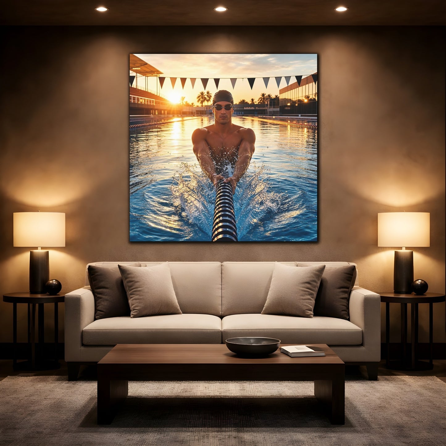 Mockup 2. Golden Hour Swim shown as canvas print