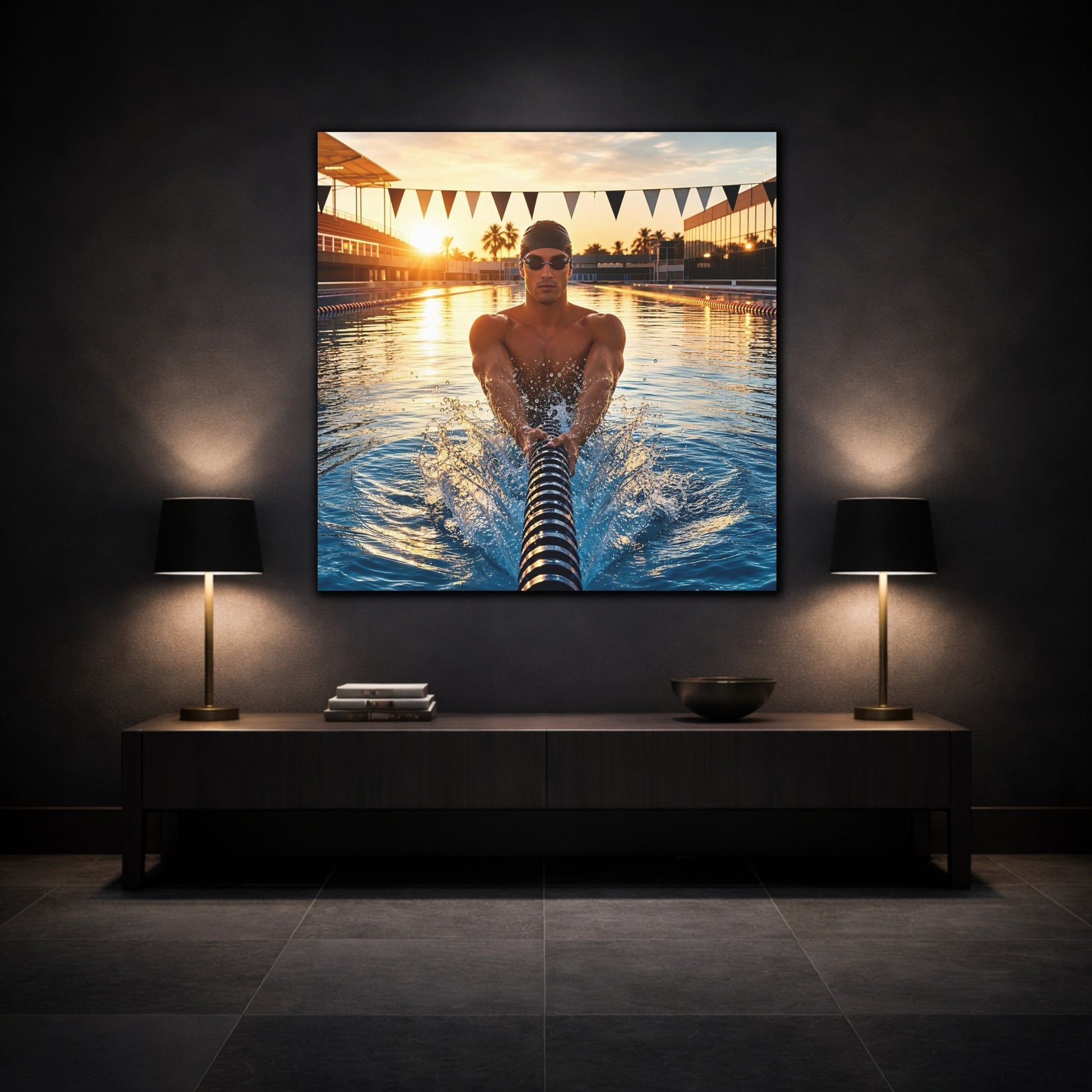 Mockup 3. Golden Hour Swim shown as canvas print