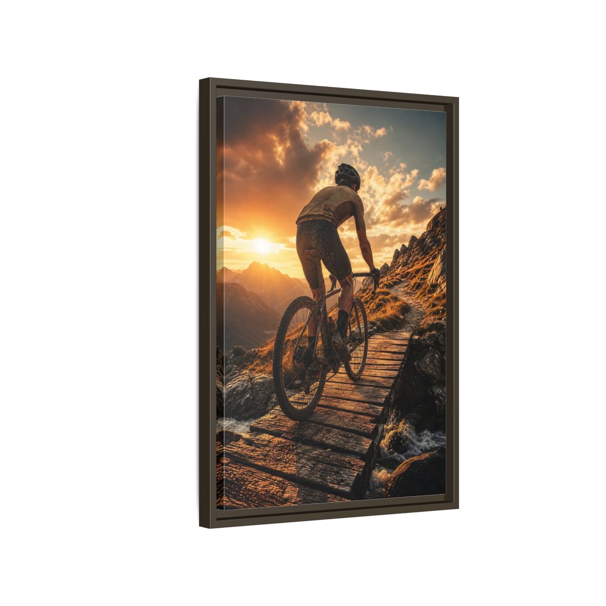 Side Mockup 2. Golden Hour Trail Ride shown as framed canvas print
