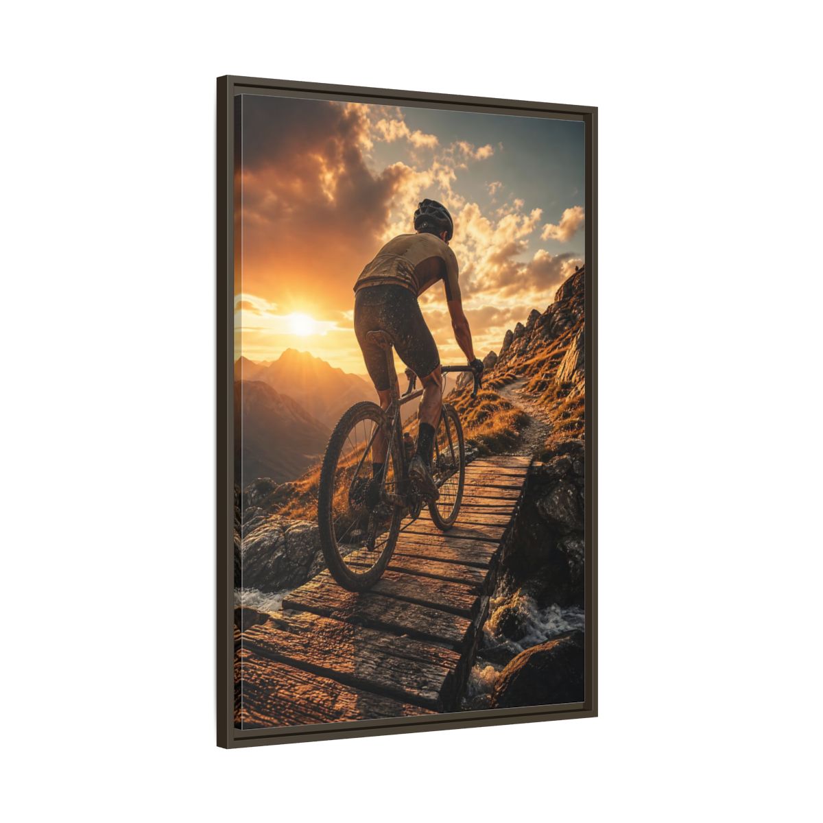 Main Mockup. Golden Hour Trail Ride shown as framed canvas print