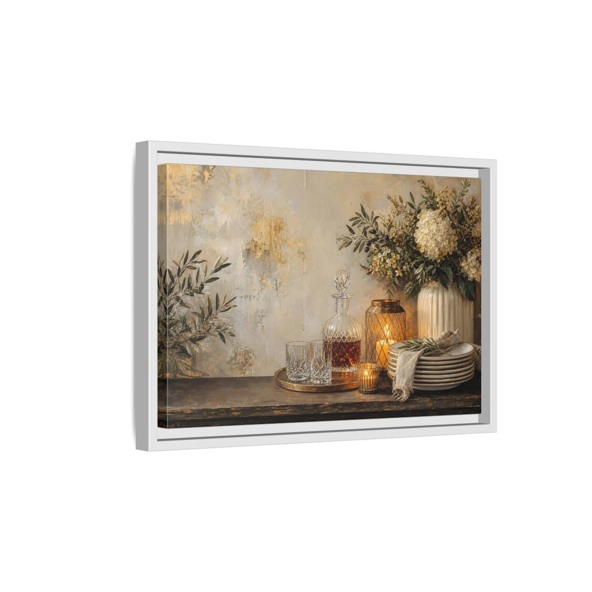 Side Mockup 4. Golden Hydrangea Table Still Life shown as framed canvas print