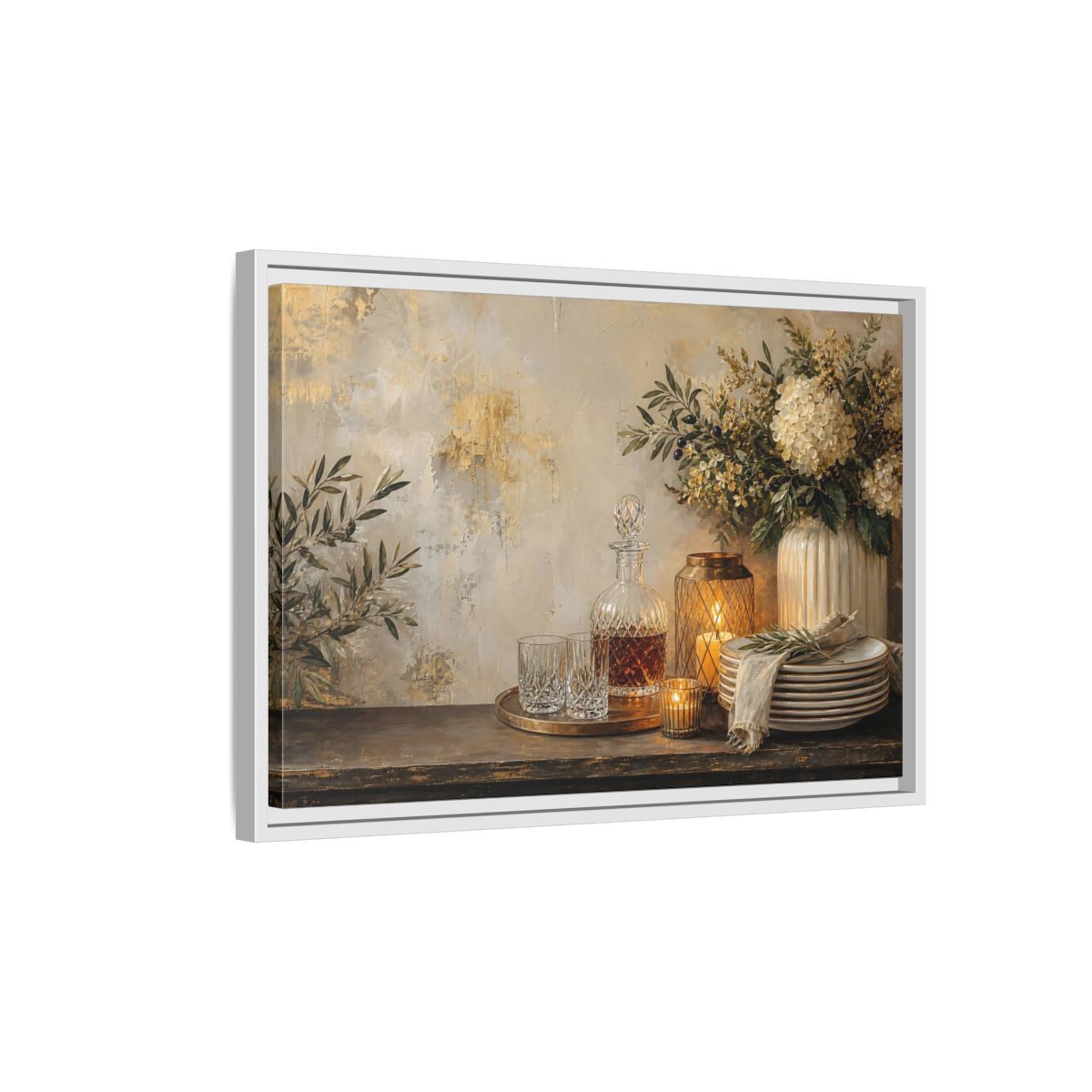 Side Mockup 1. Golden Hydrangea Table Still Life shown as framed canvas print