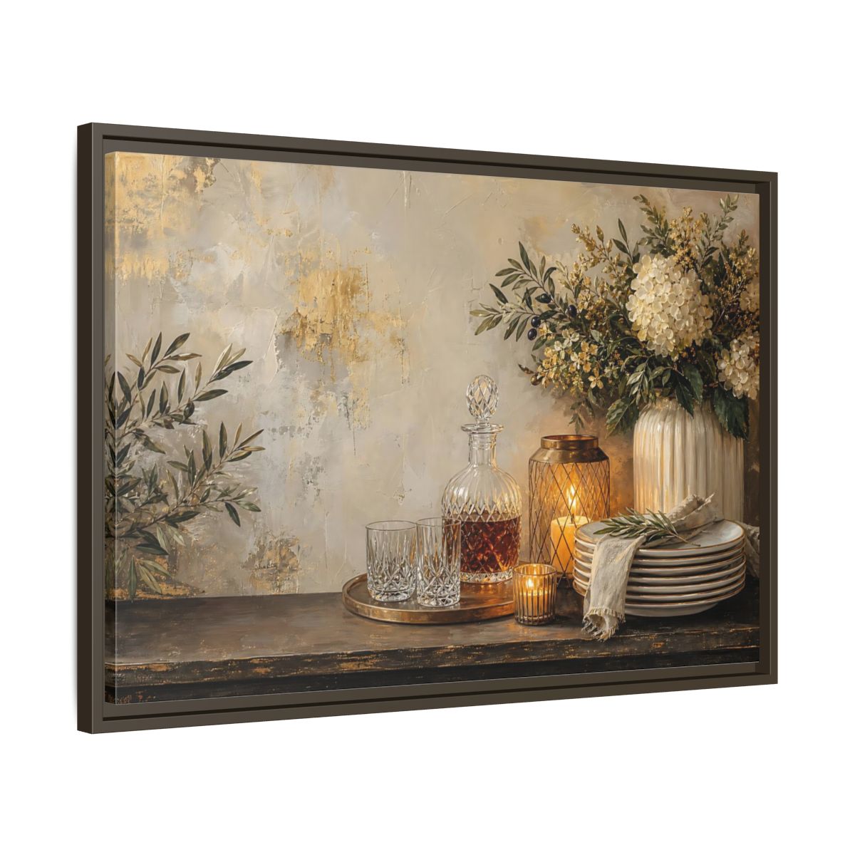 Side Mockup 11. Golden Hydrangea Table Still Life shown as framed canvas print
