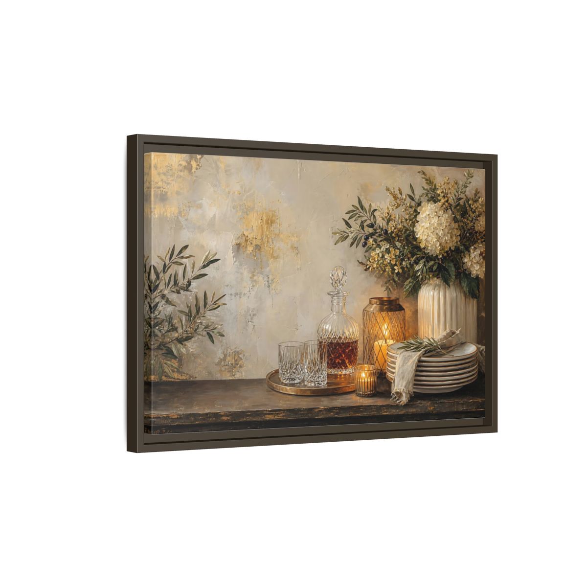 Side Mockup 2. Golden Hydrangea Table Still Life shown as framed canvas print