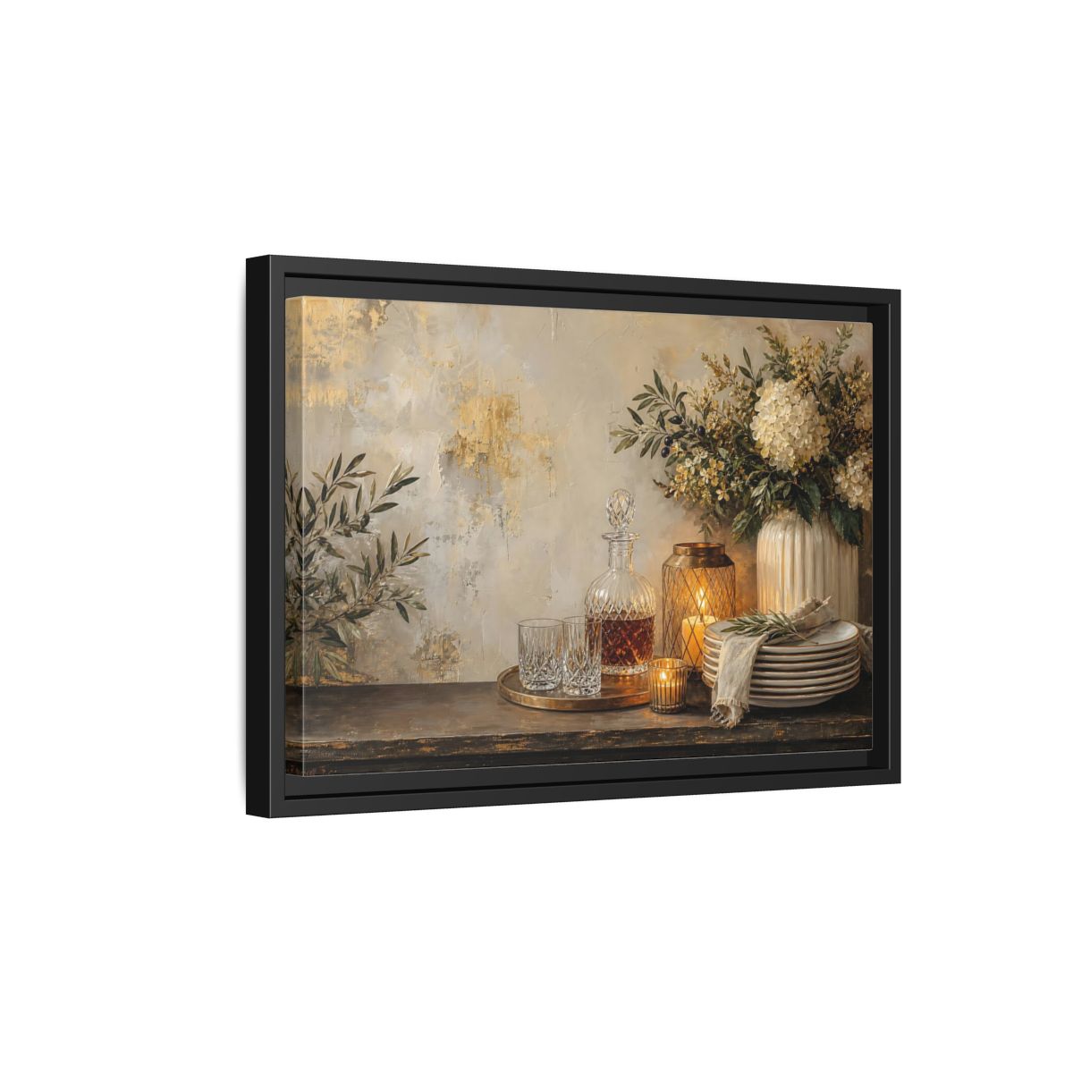 Side Mockup 6. Golden Hydrangea Table Still Life shown as framed canvas print