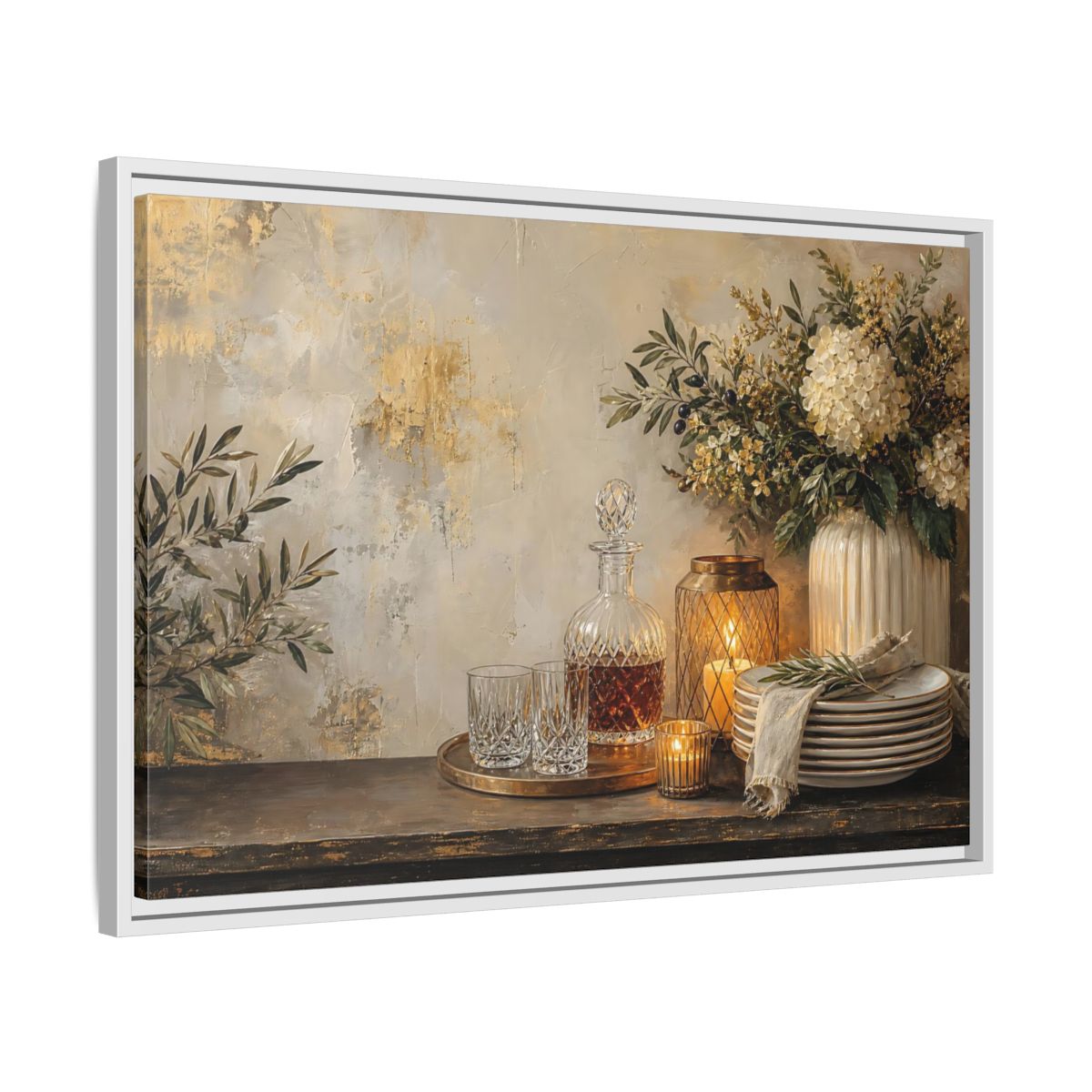Side Mockup 10. Golden Hydrangea Table Still Life shown as framed canvas print