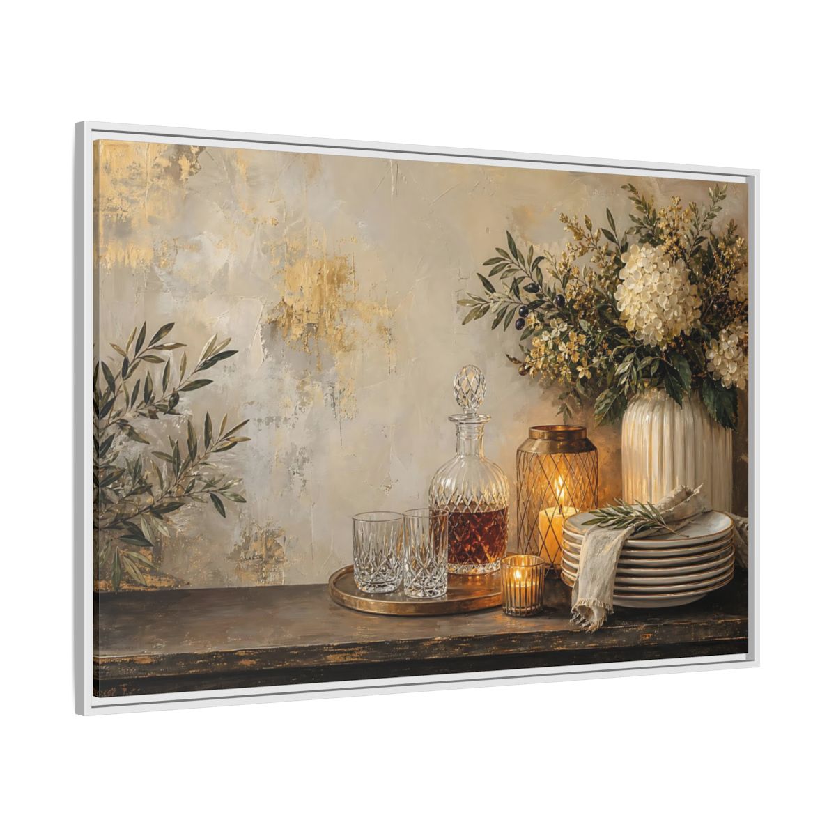 Side Mockup 7. Golden Hydrangea Table Still Life shown as framed canvas print