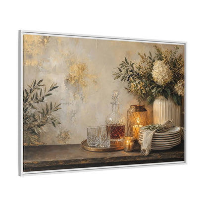 Side Mockup 7. Golden Hydrangea Table Still Life shown as framed canvas print