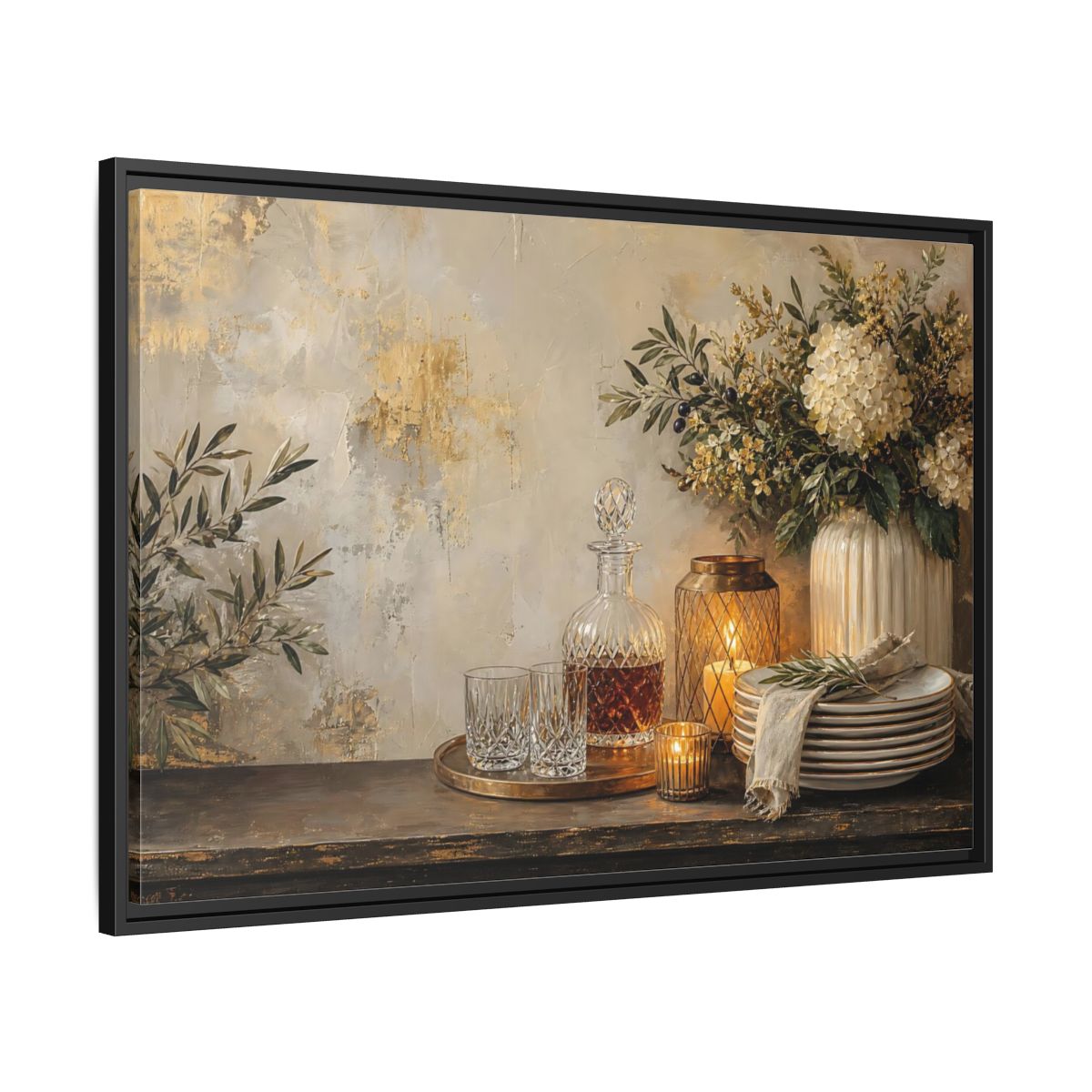 Side Mockup 13. Golden Hydrangea Table Still Life shown as framed canvas print