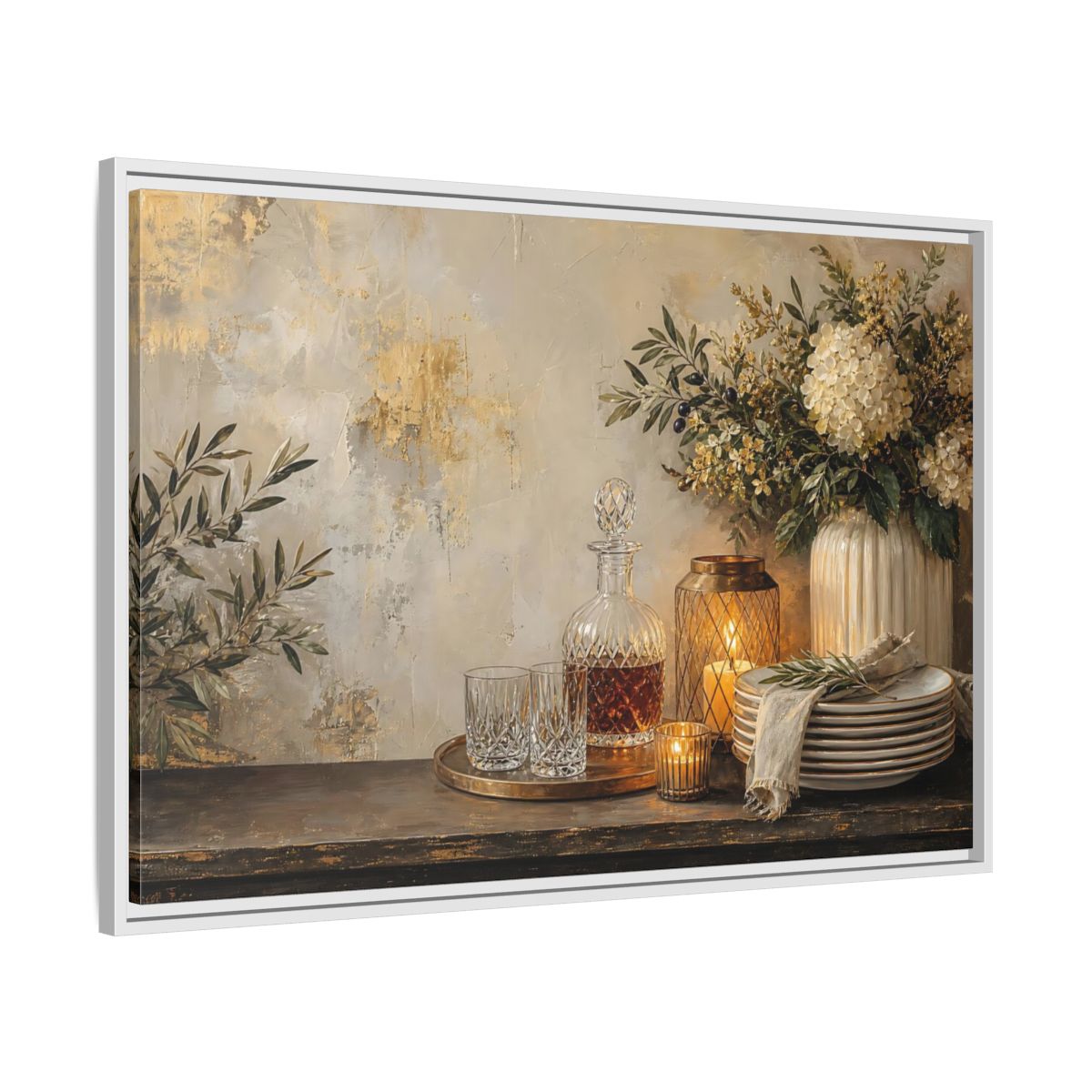Side Mockup 9. Golden Hydrangea Table Still Life shown as framed canvas print