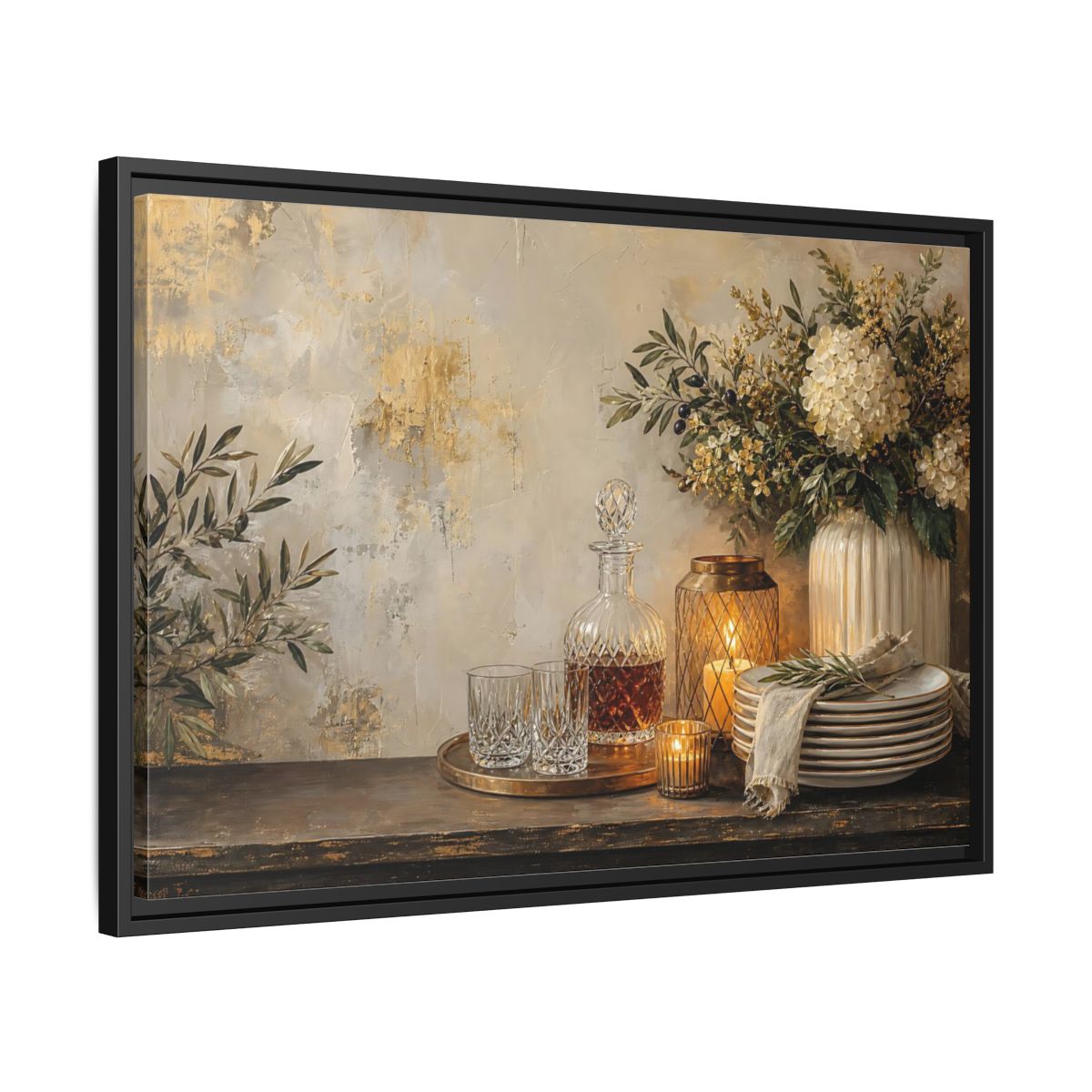 Side Mockup 14. Golden Hydrangea Table Still Life shown as framed canvas print