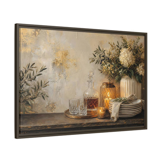 Main Mockup. Golden Hydrangea Table Still Life shown as framed canvas print