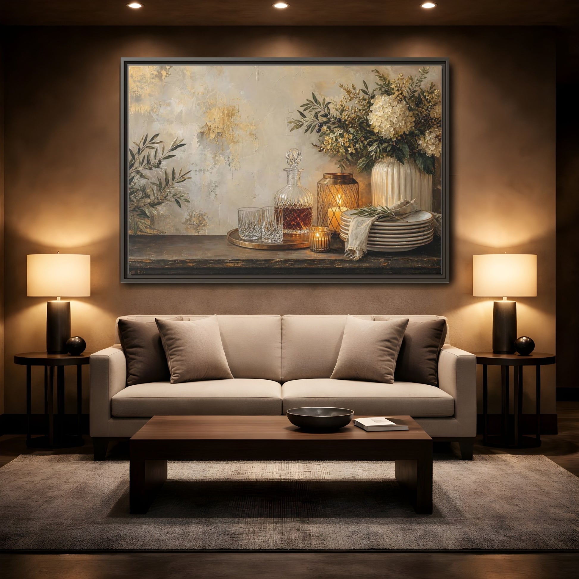 Mockup 2. Golden Hydrangea Table Still Life shown as framed canvas print