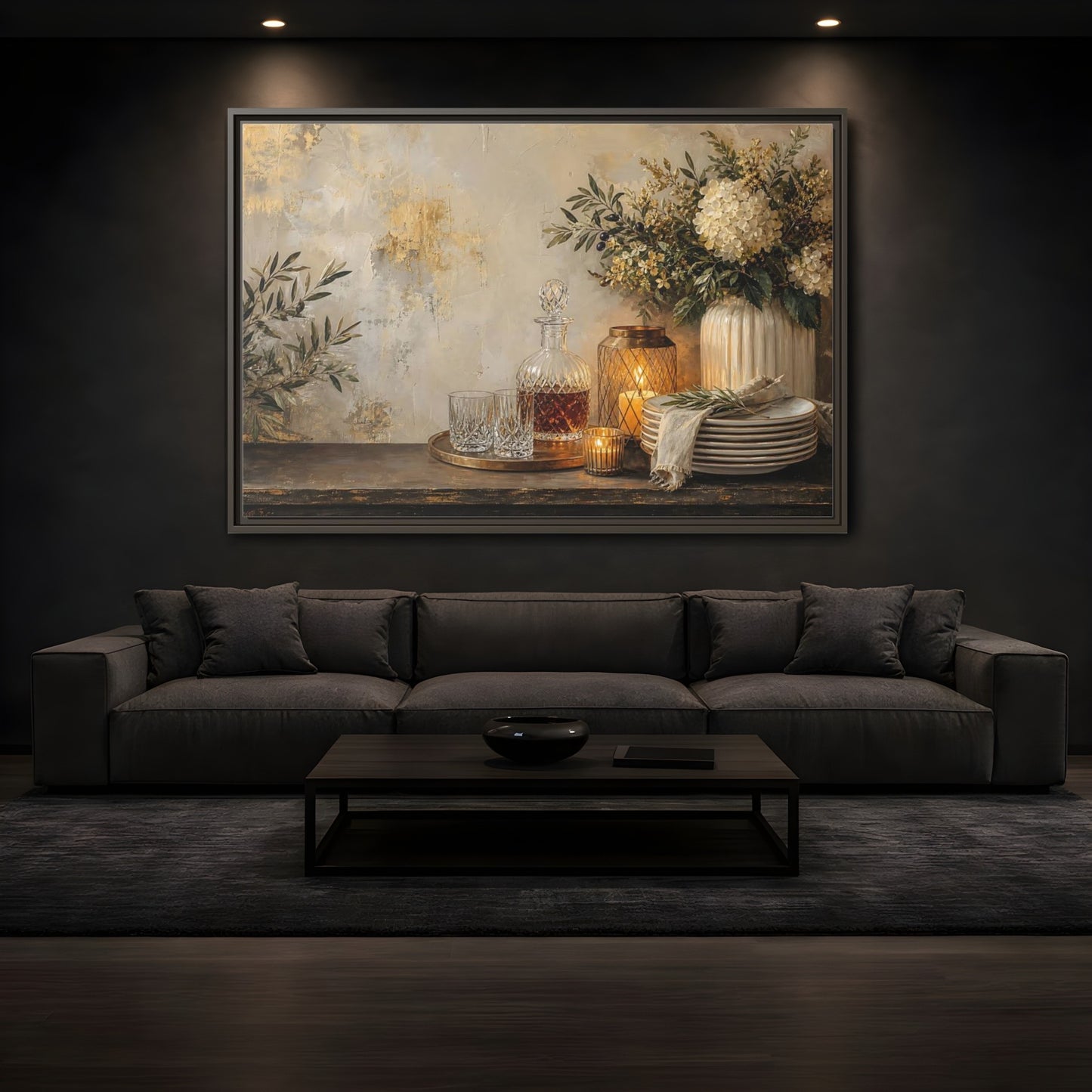 Mockup 3. Golden Hydrangea Table Still Life shown as framed canvas print