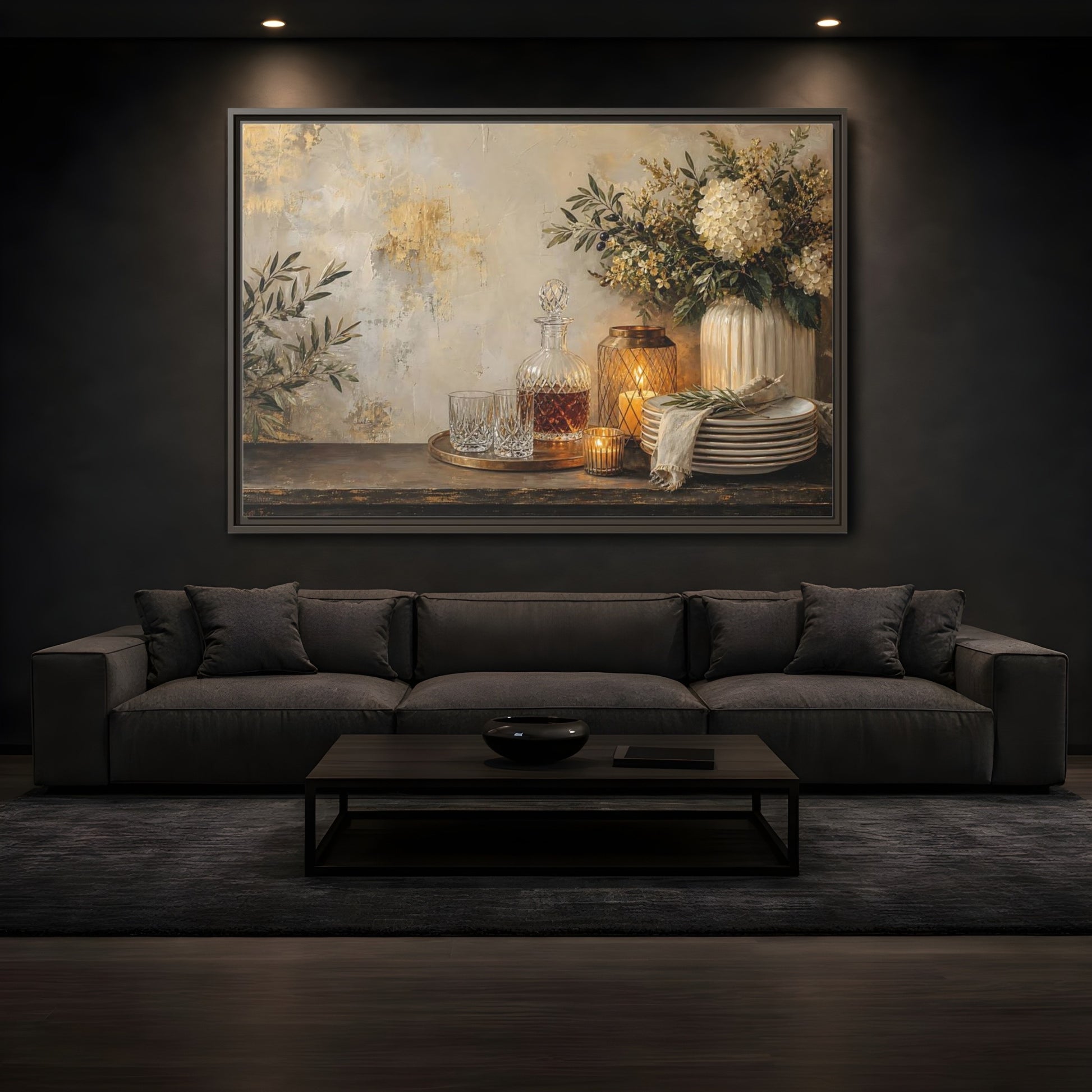 Mockup 3. Golden Hydrangea Table Still Life shown as framed canvas print