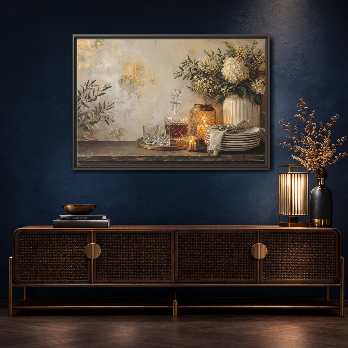 Mockup 4. Golden Hydrangea Table Still Life shown as framed canvas print