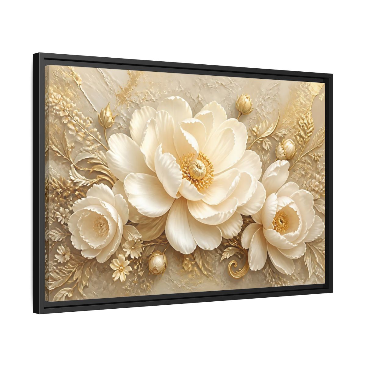 Side Mockup 14. Golden Ivory Peony Bloom shown as framed canvas print