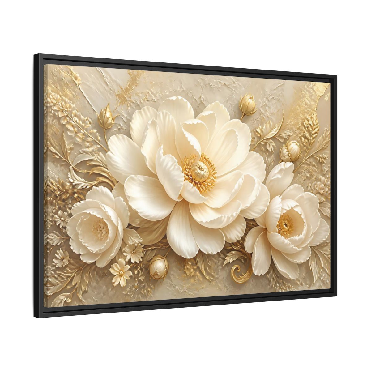 Side Mockup 13. Golden Ivory Peony Bloom shown as framed canvas print