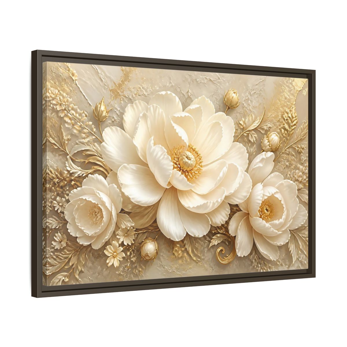 Side Mockup 11. Golden Ivory Peony Bloom shown as framed canvas print