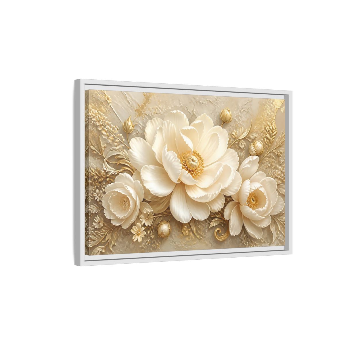 Side Mockup 1. Golden Ivory Peony Bloom shown as framed canvas print