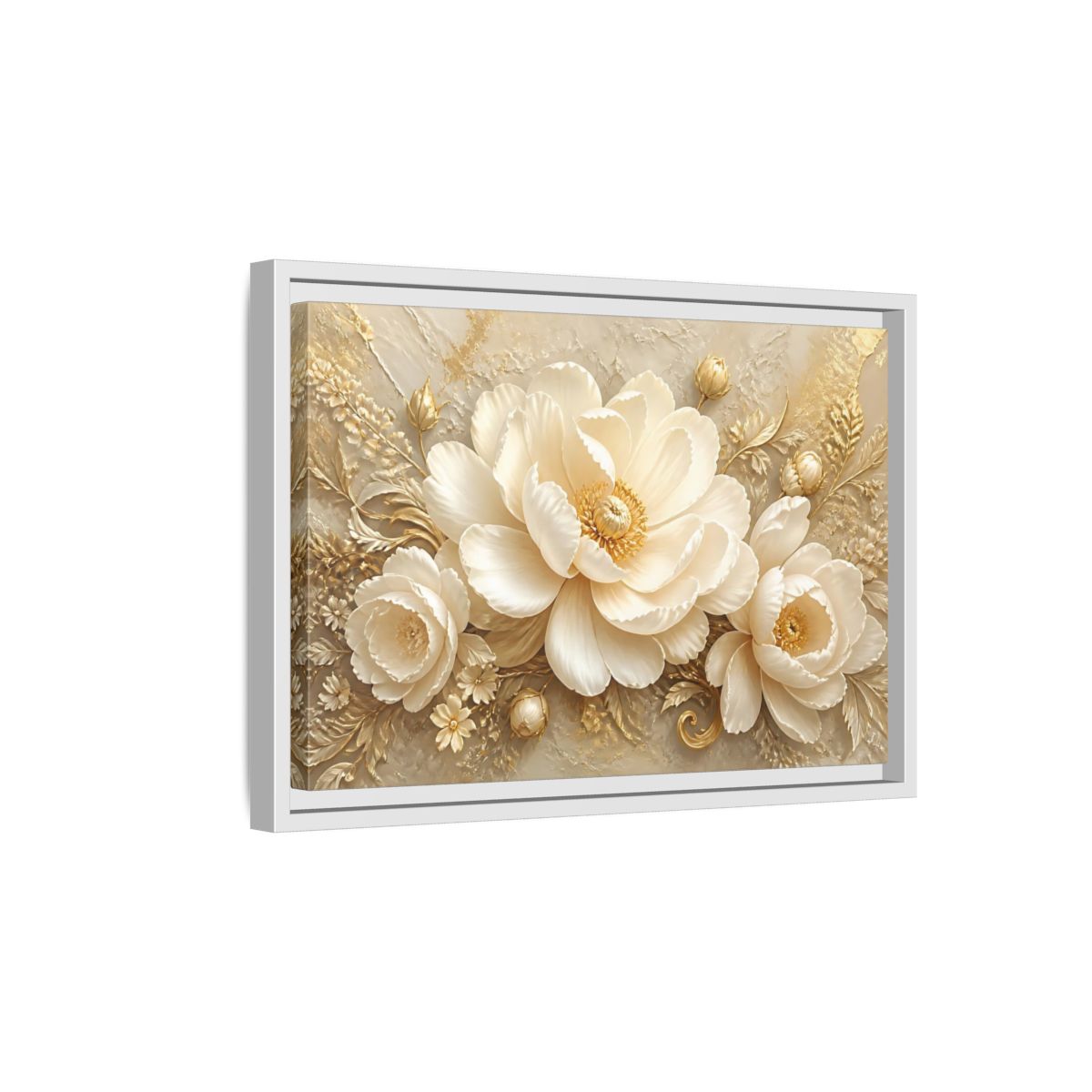 Side Mockup 4. Golden Ivory Peony Bloom shown as framed canvas print