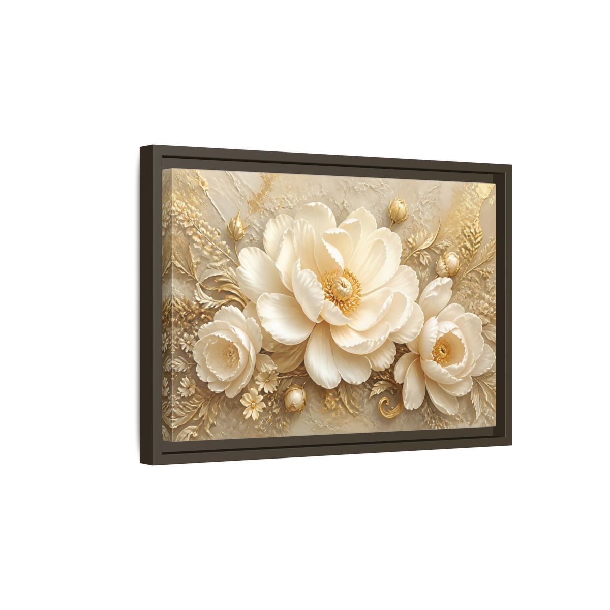 Side Mockup 5. Golden Ivory Peony Bloom shown as framed canvas print