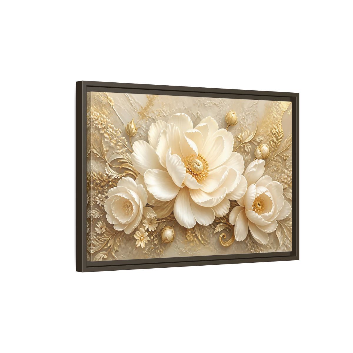 Side Mockup 2. Golden Ivory Peony Bloom shown as framed canvas print