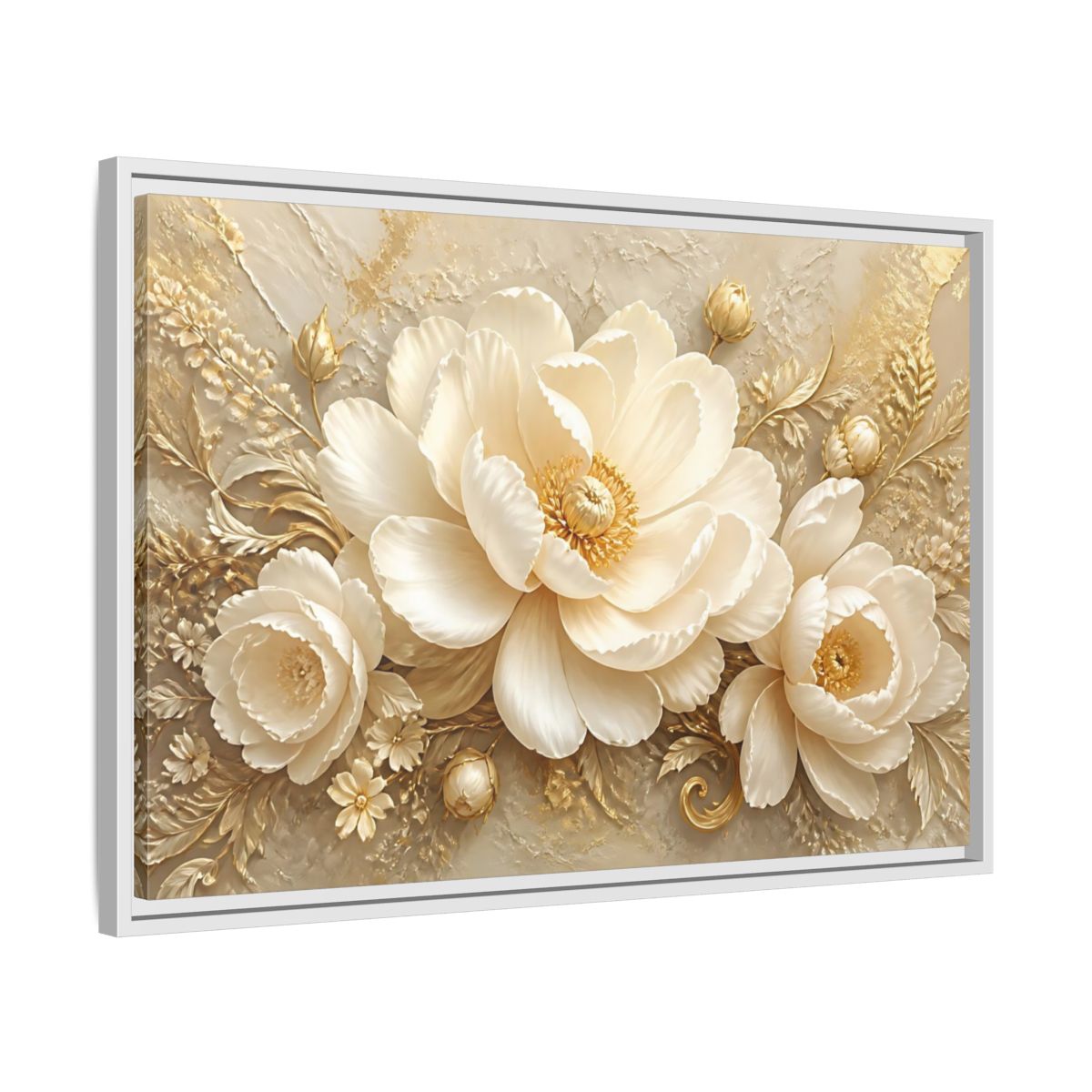 Side Mockup 10. Golden Ivory Peony Bloom shown as framed canvas print
