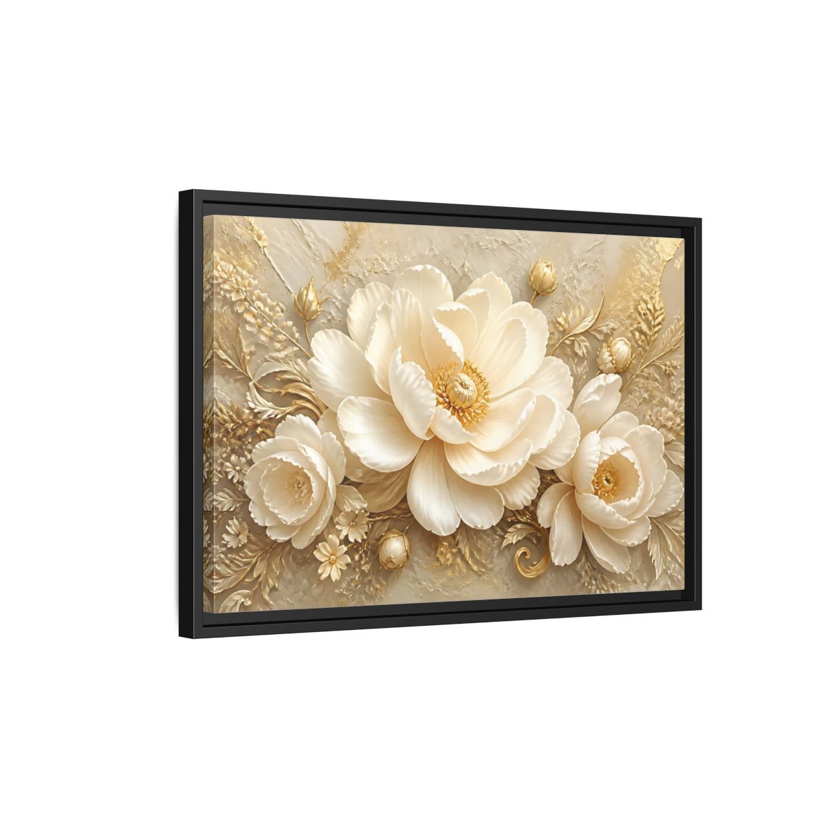 Side Mockup 3. Golden Ivory Peony Bloom shown as framed canvas print