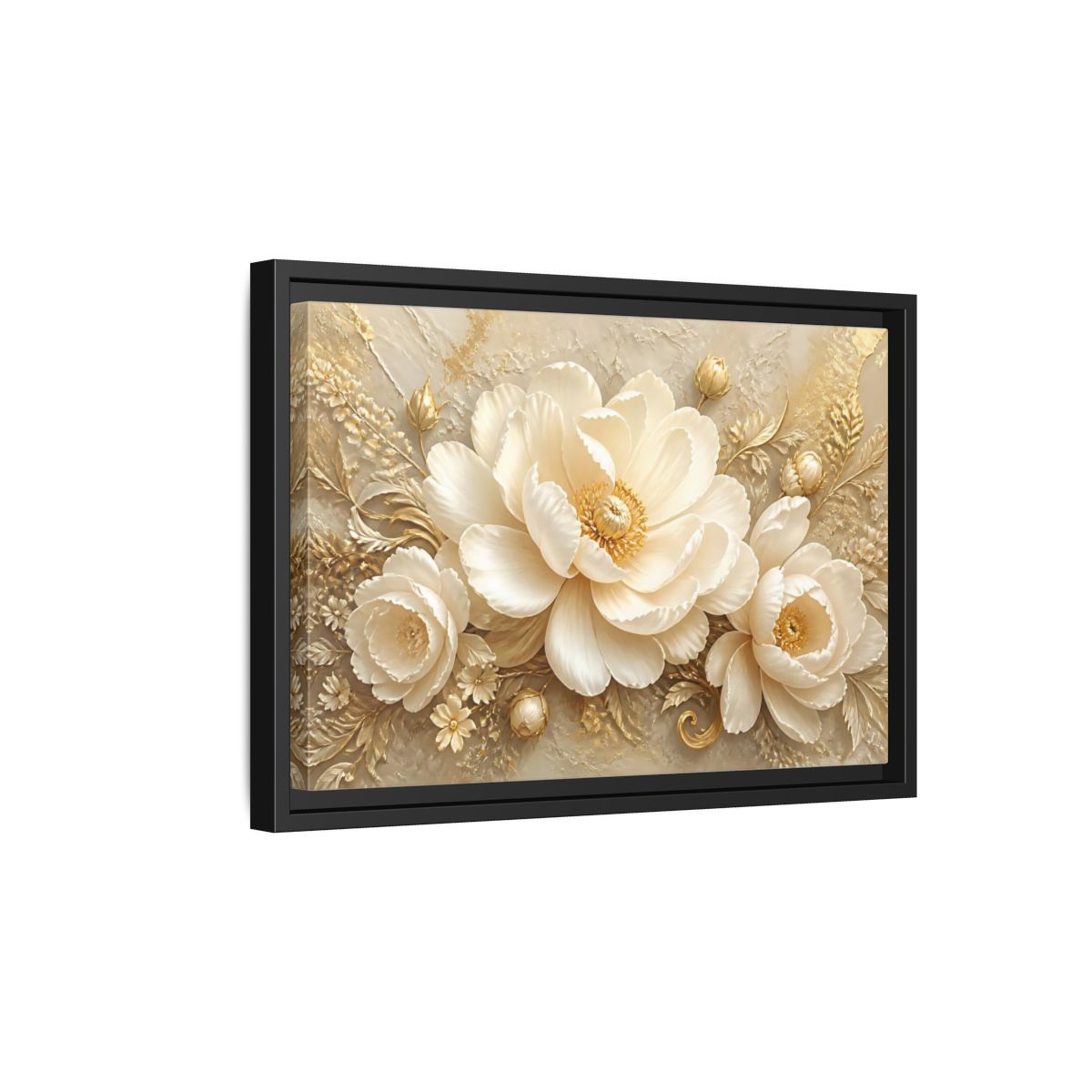 Side Mockup 6. Golden Ivory Peony Bloom shown as framed canvas print