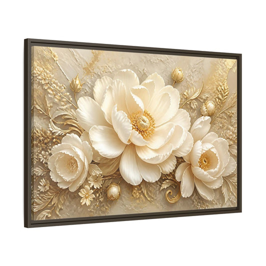 Main Mockup. Golden Ivory Peony Bloom shown as framed canvas print