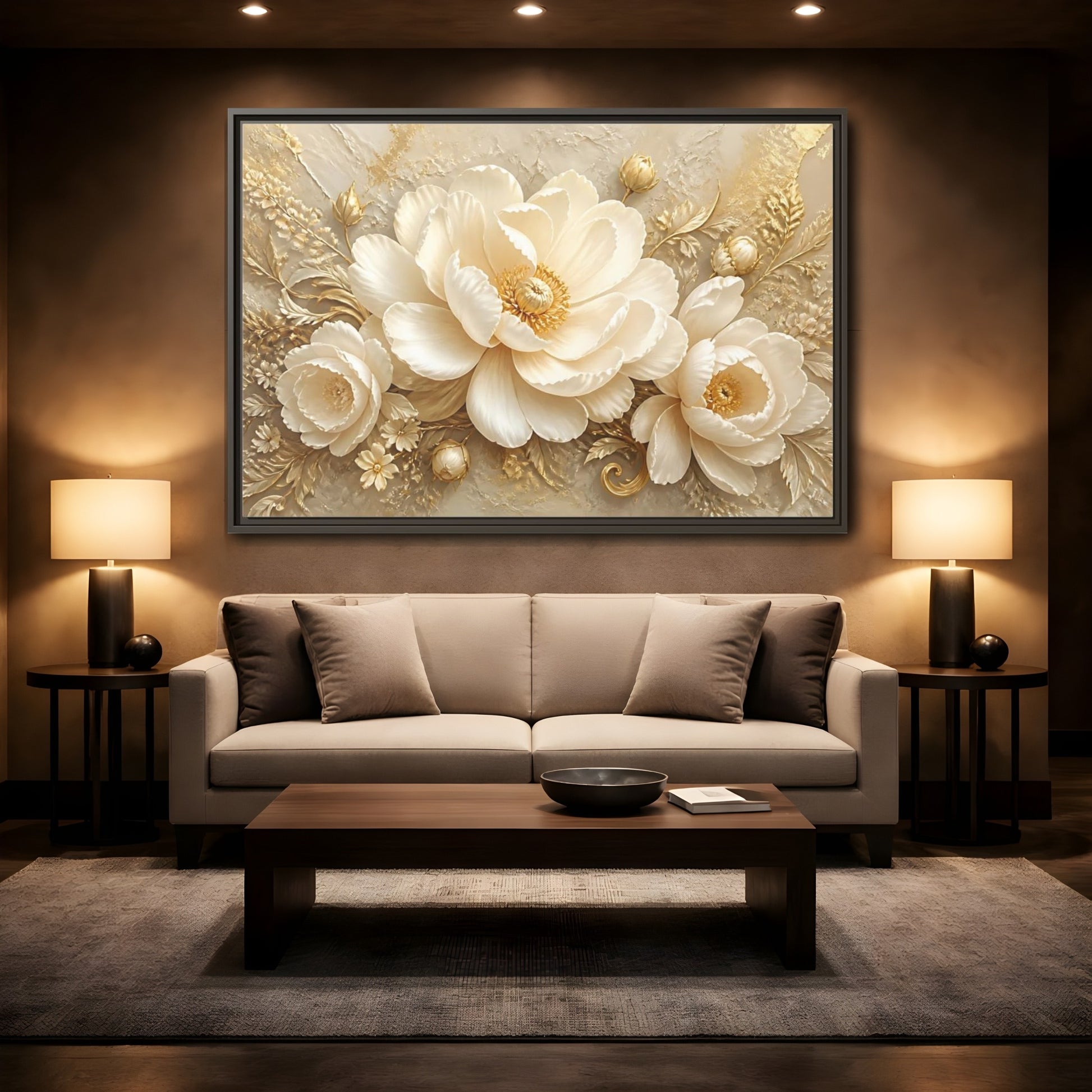 Mockup 2. Golden Ivory Peony Bloom shown as framed canvas print