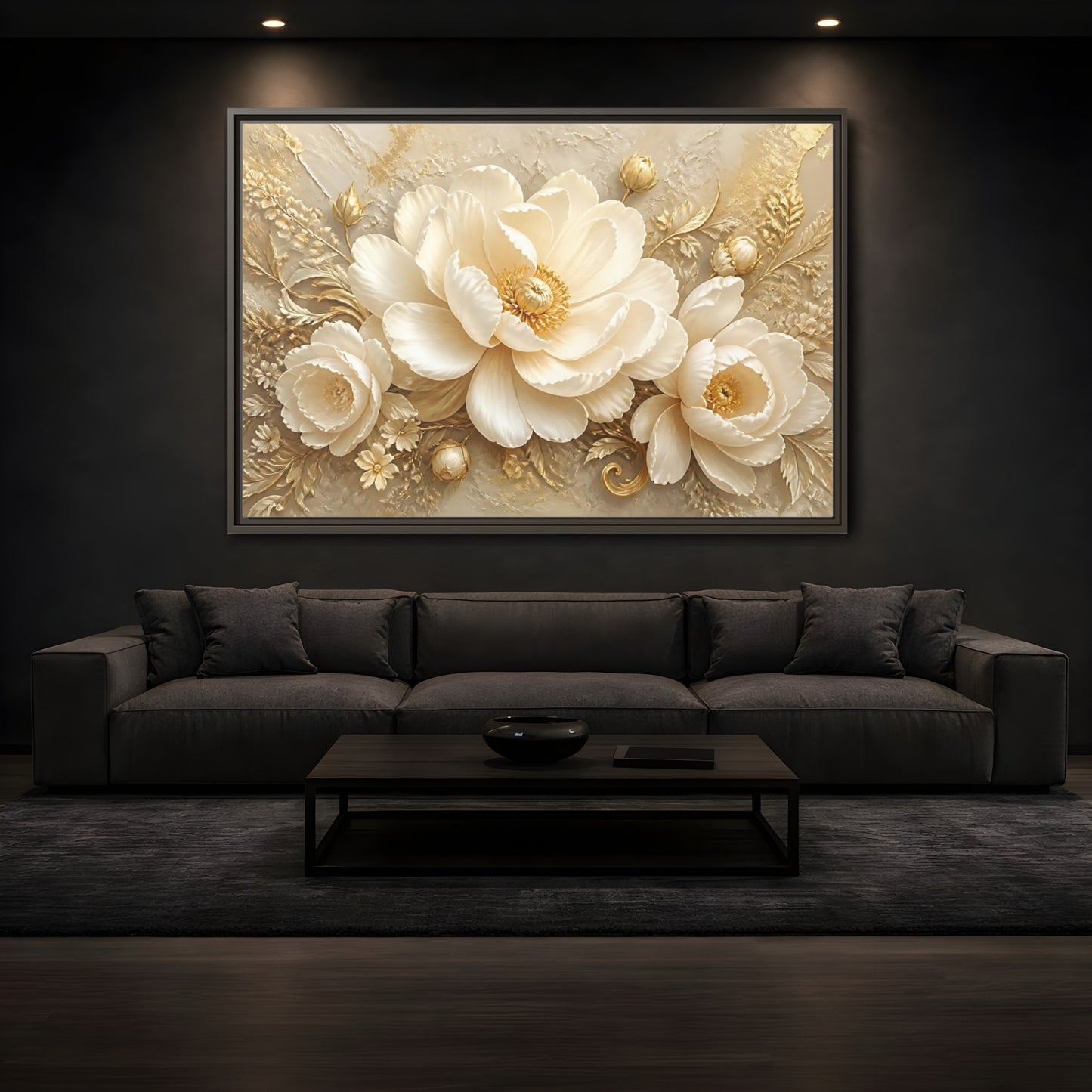 Mockup 3. Golden Ivory Peony Bloom shown as framed canvas print