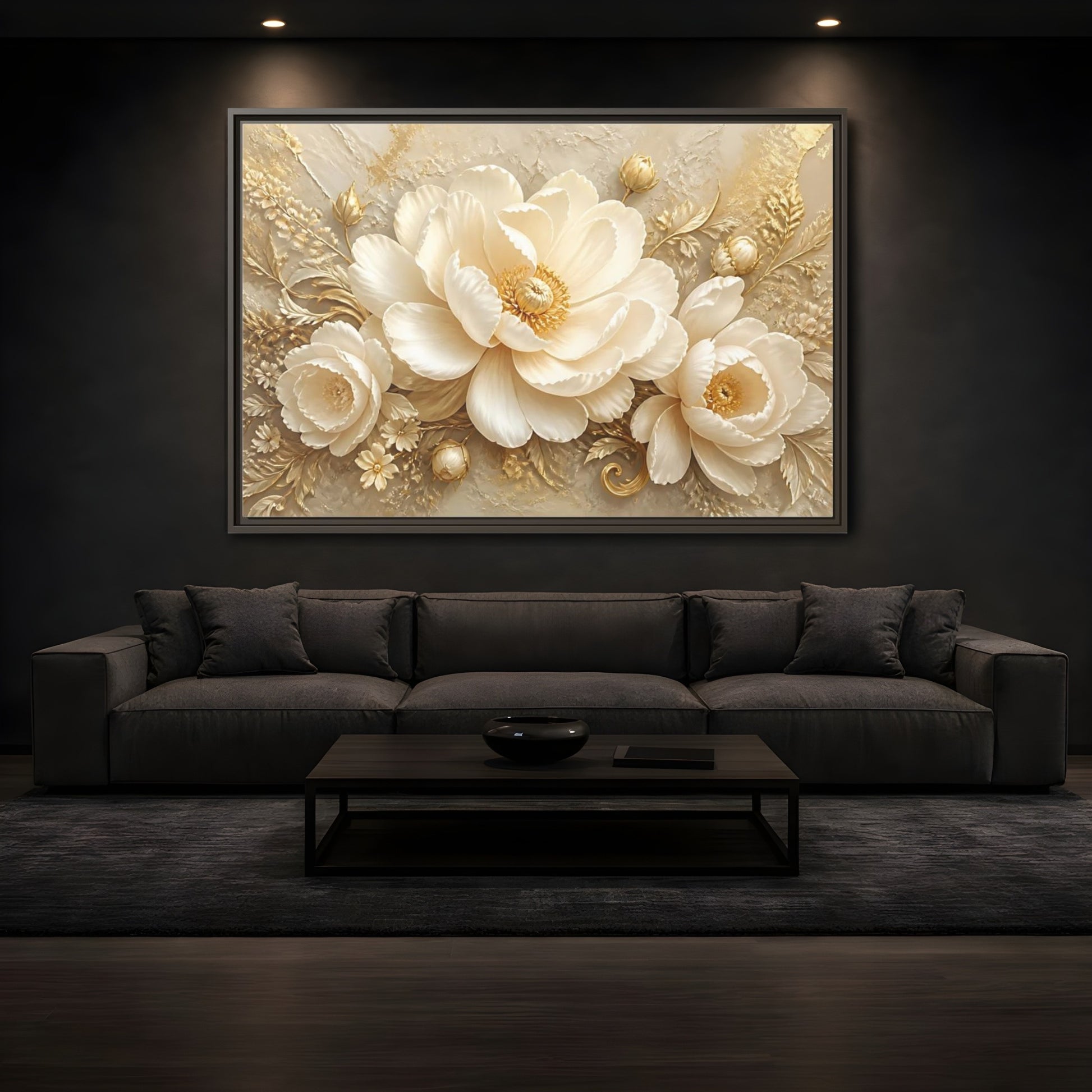 Mockup 3. Golden Ivory Peony Bloom shown as framed canvas print