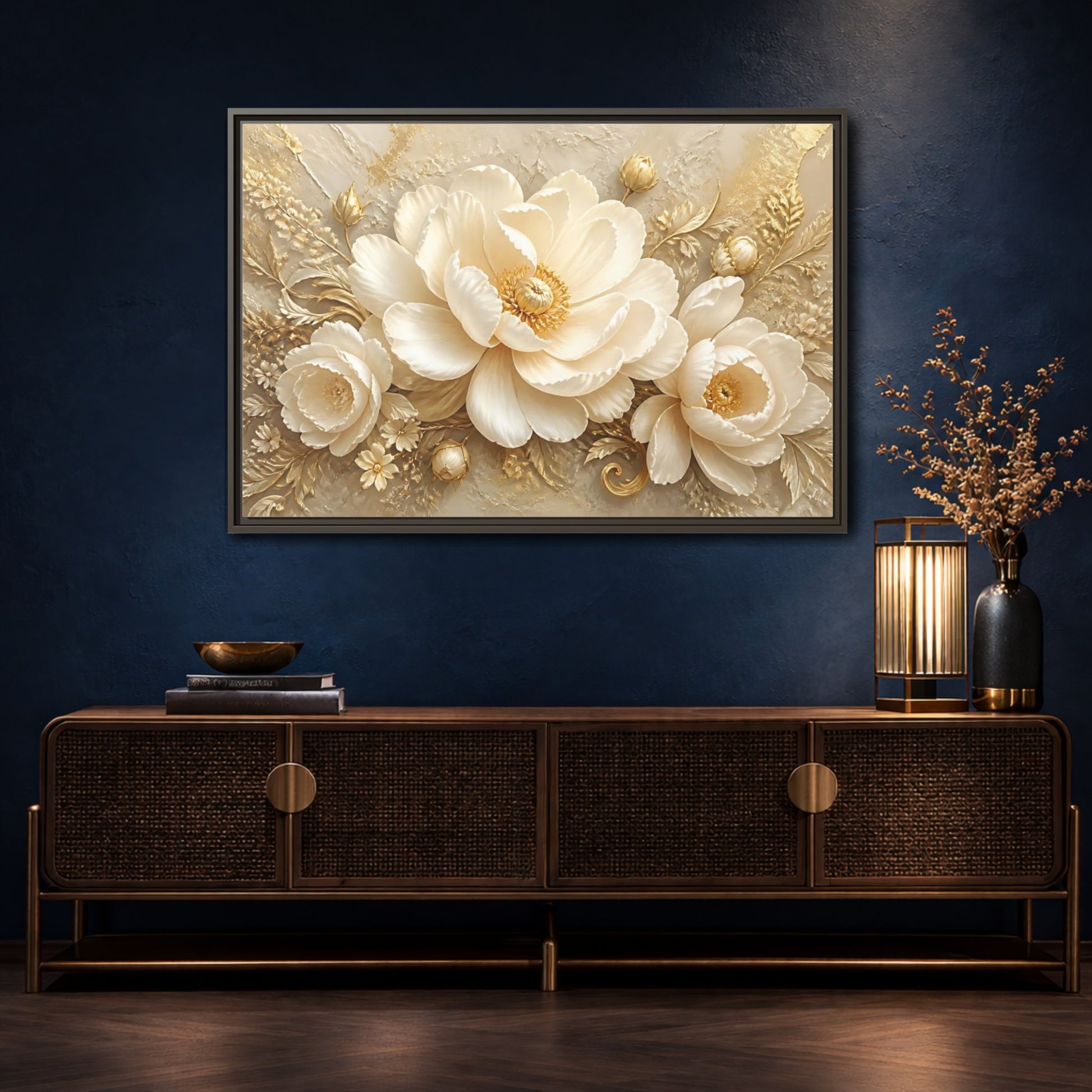 Mockup 4. Golden Ivory Peony Bloom shown as framed canvas print