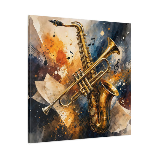 Main Mockup. Golden Jazz Instruments shown as canvas print